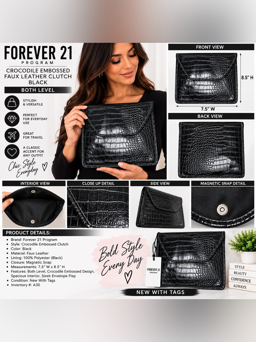 FOREVER 21 FAUX CROCODILE EMBOSSED CLUTCH – BLACK (NEW WITH TAGS) A30